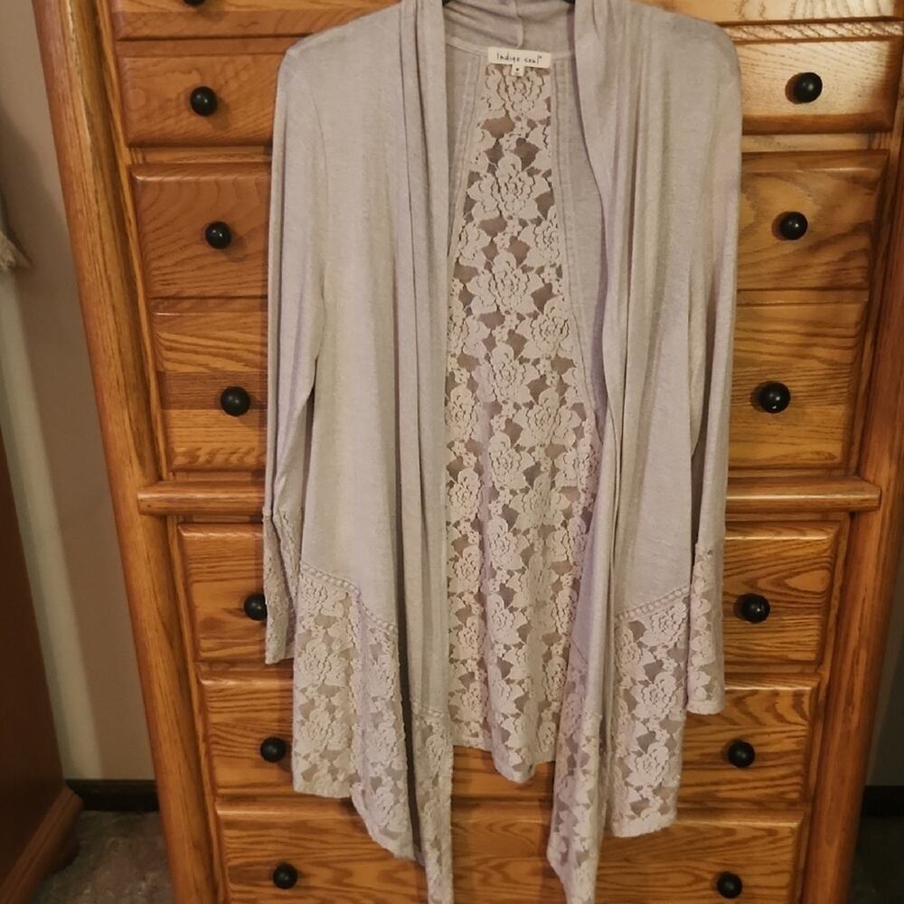 Indigo Soul Soft Taupe Medium Lace Flowy Bohemian Casual Openfront Cardigan